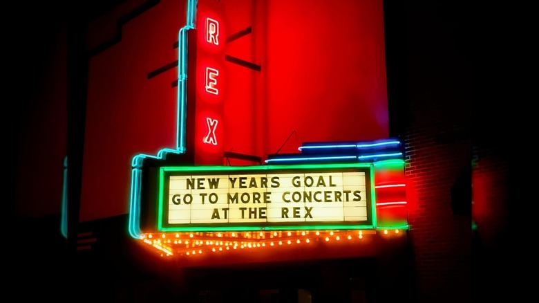 Rex Theater in Galax with a sign that says to make a New Year's resolution to go to more concerts