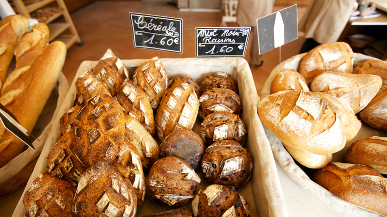 Different types of French bread at a bakery