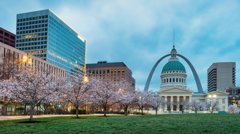 View of the Old Courthouse and Gateway Arch in St. Louis, Missouri, with cherry blossom trees