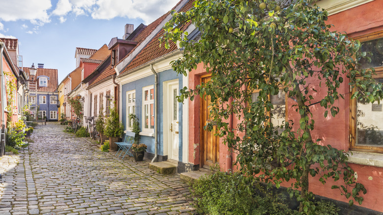 Small street with colorful houses in Aalborg, Denmark