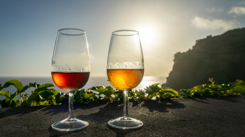 Two glasses of different Madeira wines with a view of nature in the background