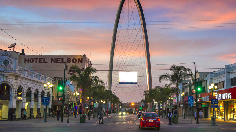 Tijuana Arch and Avendia Revolucion at sunset