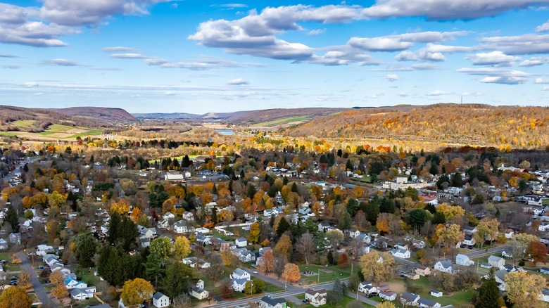 Aerial view of Cortland's residential streets and fall foliage