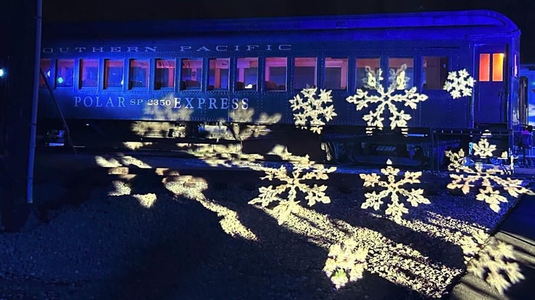 The Polar Express train in Southern California with snowflake lights