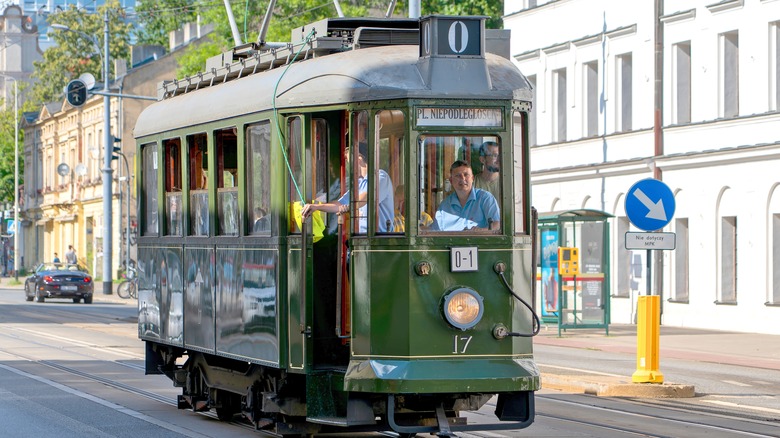 Vintage green tram in Poland