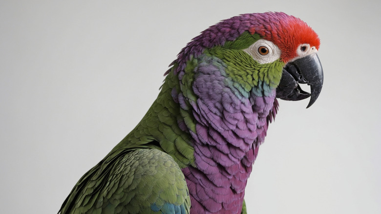 A profile of a purple, red, green, and blue-feathered parrot with an obsidian-colored beak and orange eyes