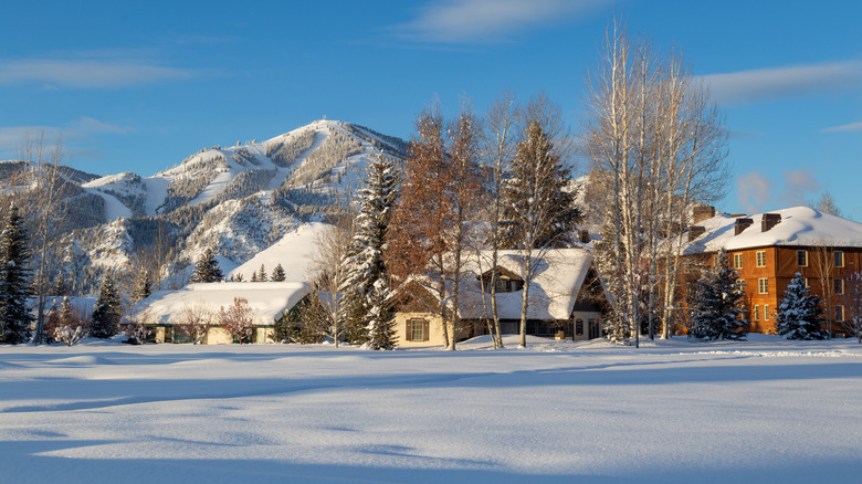 Sun Valley village in snow with cottages and Bald Mountain in backdrop