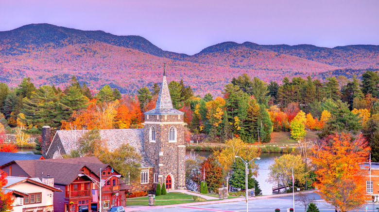 Town with mountains during fall