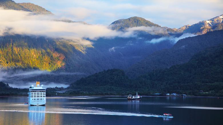 Ship cruising past foggy Chilean fjord