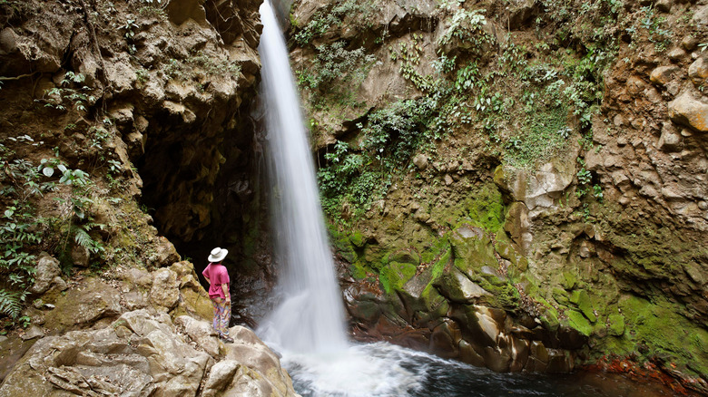 A visitor viewing a waterfall in Costa Rica