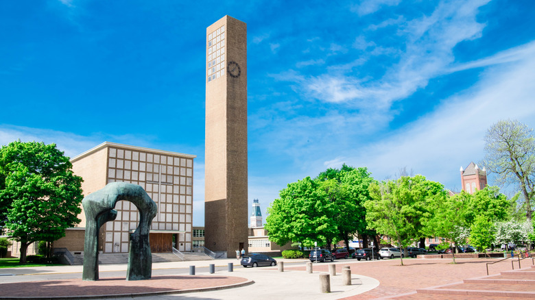 View of architecture and art in downtown Columbus, Indiana