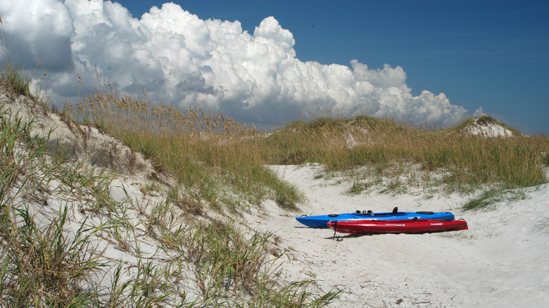 Kayaks in the dunes on Bear Island