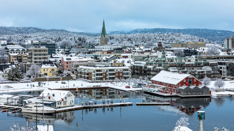 Snow covering the town of Kristiansand, Norway.