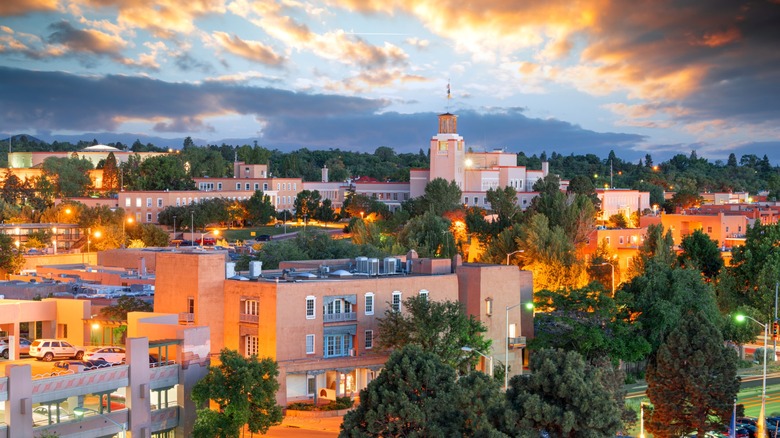 Buildings of downtown Sante Fe, New Mexico, at dusk