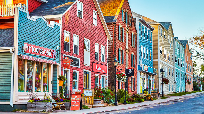 A colorful shopping street in Charlottetown during the day