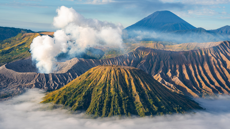 Smoke rising over Mount Bromo in Java, Indonesia.