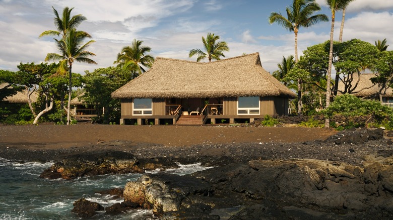 A thatched roof hut seen from the black sand beach