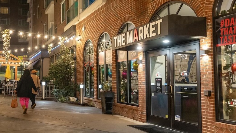 Brick outside of the Downtown Allentown Market with string lights