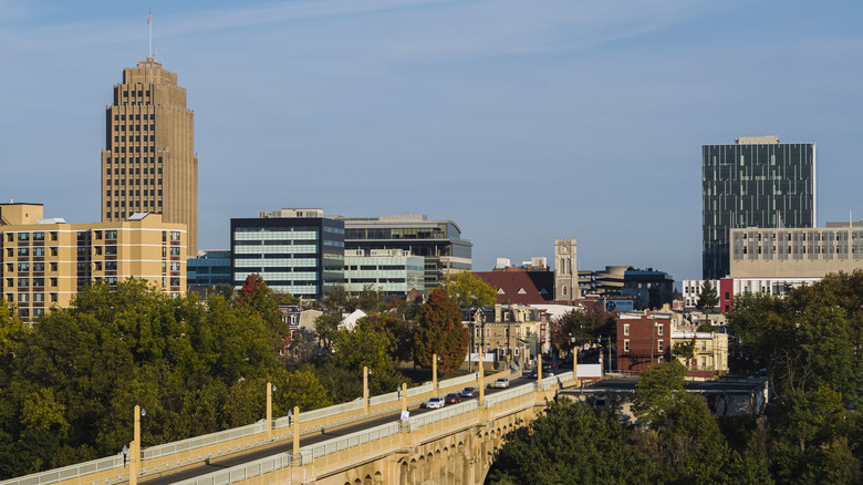 The skyline of Allentown, Pennsylvania, including numerous buildings and a tan bridge