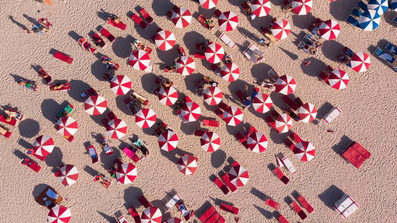 Umbrellas lined up on a crowded South Beach, FL beach.