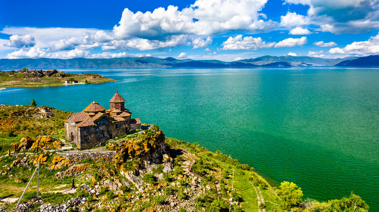 Building perched next to Lake Sevan in Armenia