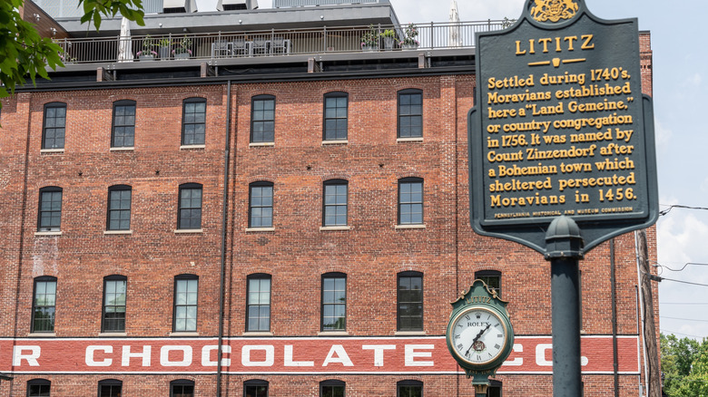 Lititz, Pennsylvania, informational sign and chocolate factory