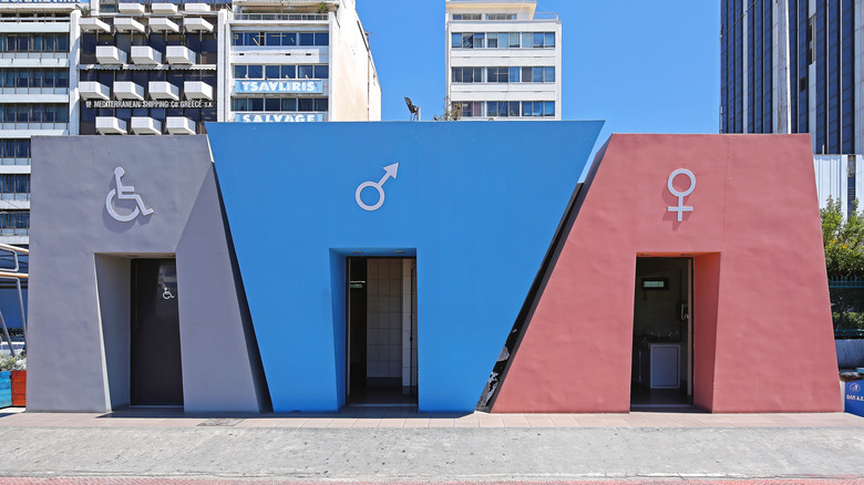 Mulitcolored public restrooms in Greece for handicap accessibility, men, and women