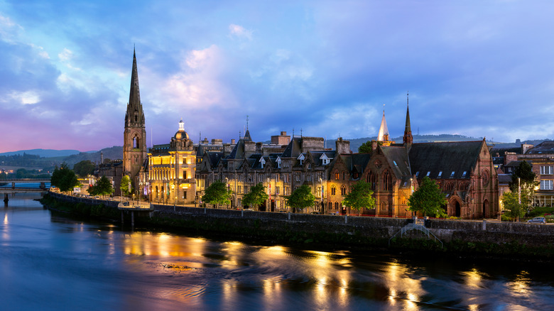 Buildings along the River Tay in Perth, Scotland during sunset