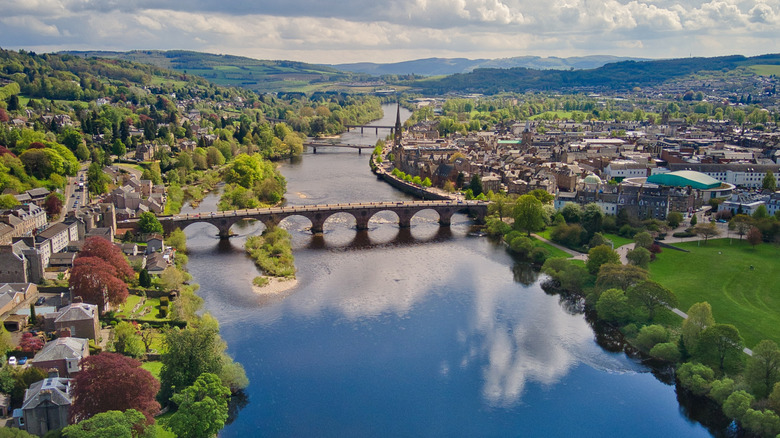 Aerial view of the River Tay meandering through Perth, Scotland