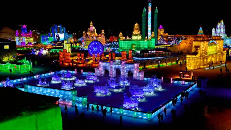 The colorful ice sculptures of the Harbin Snow and Ice Festival in China.