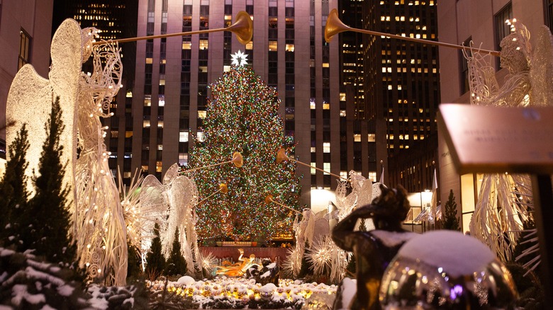 The Rockefeller Christmas Tree and decorations in New York City.