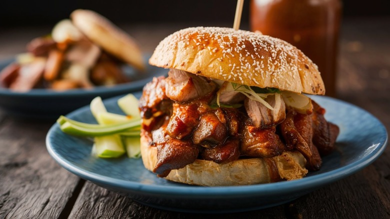 North Carolina-style barbecue sandwich on a blue plate on top of a wooden table