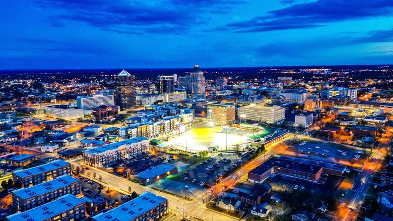 Aerial view of Greensboro, North Carolina at night