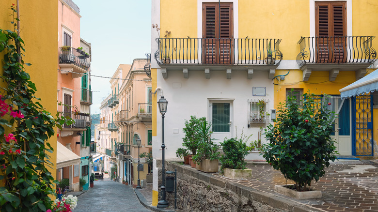 A colorful street in Lipari's old town in Italy