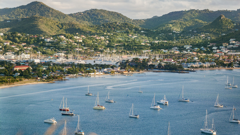 Boats sailing in the harbour of Rodney Bay, St Lucia