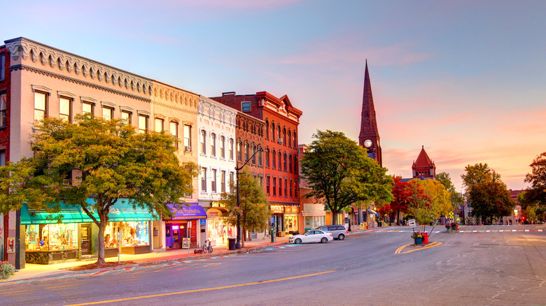 Shops and businesses on the Main Street of Northampton, Massachusetts at sunset