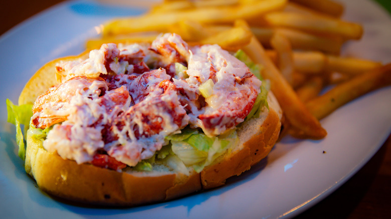 An appetizing lobster roll with a side of fries