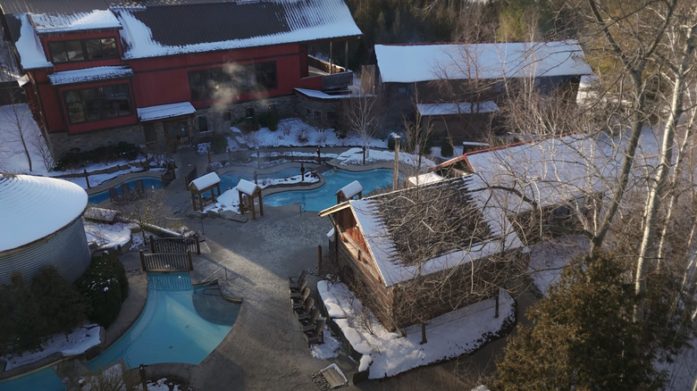 Aerial view of Scandinave Spa Blue Mountain in winter.