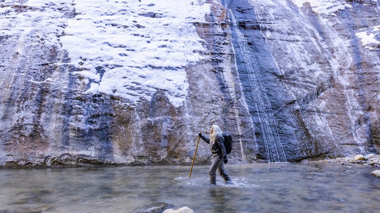 Hiker walking through Zion National Park