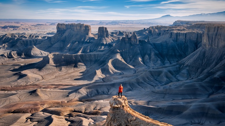 A person standing on a small cliff at Moonscape Overlook