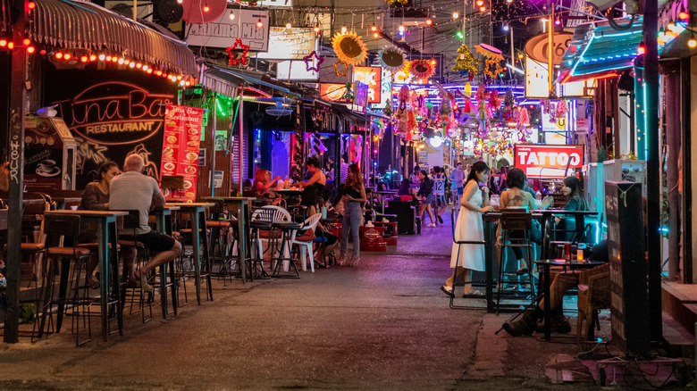 A strip of bars and restaurants in Thailand