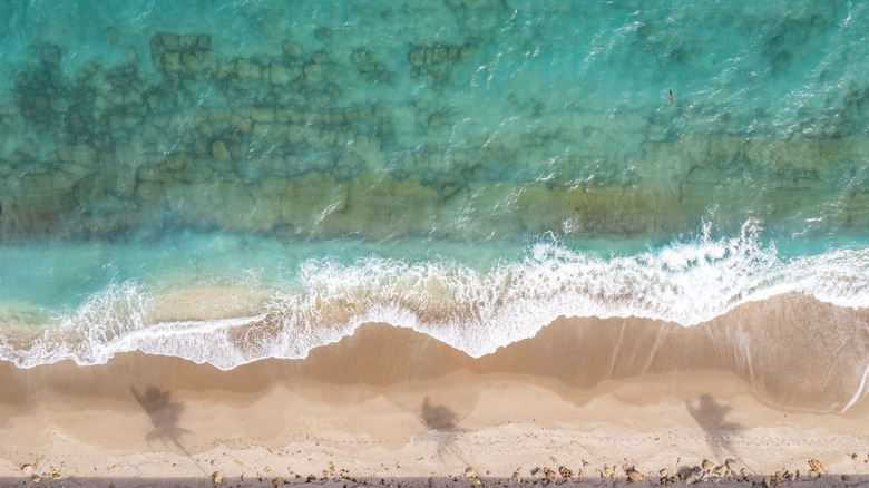 Aerial view of Florida Keys beach with turquoise water with shadows of palm trees on the sand.