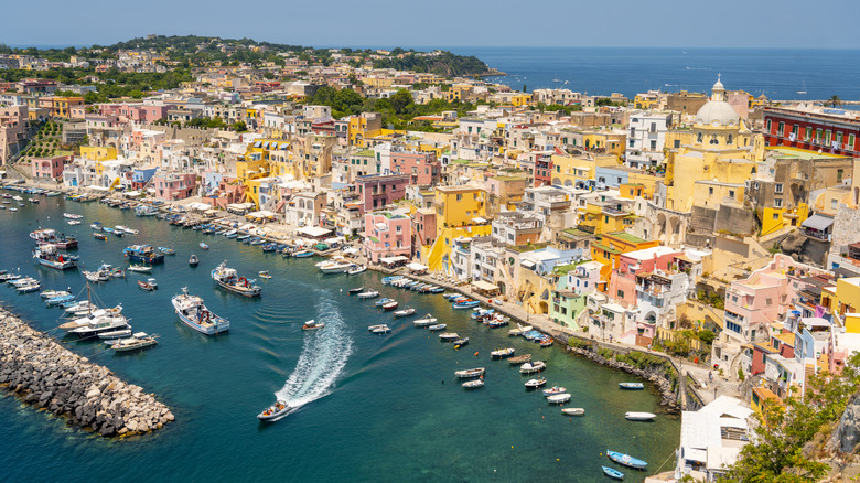 Colorful houses lining a busy marina.