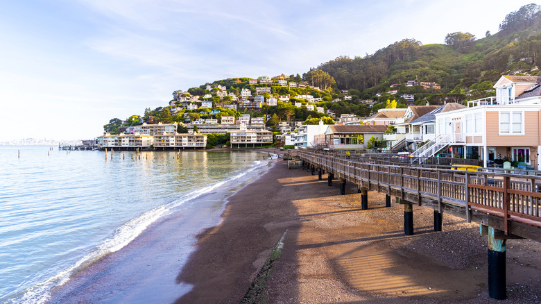 Boardwalk along beach in Sausalito, California