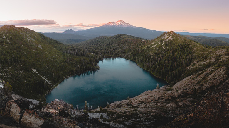 View of Mount Shasta and lake along the Volcanic Legacy Scenic Byway