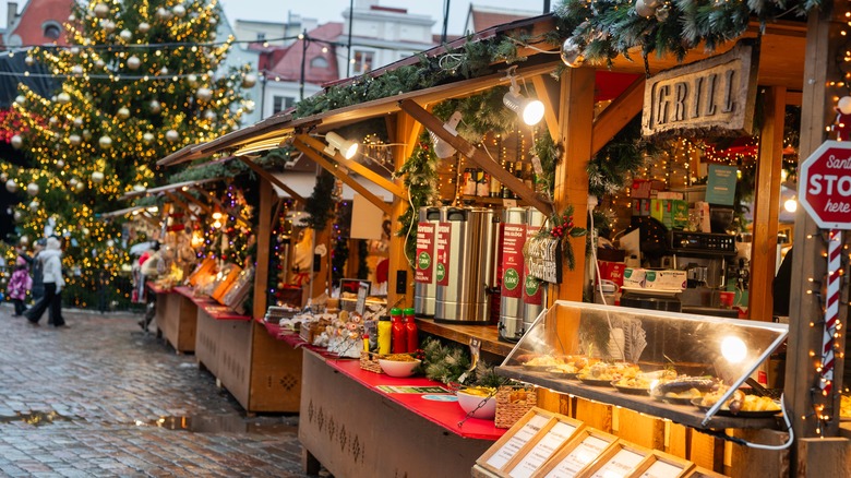 Wooden stall selling traditional cuisine at the Tallinn Christmas Market