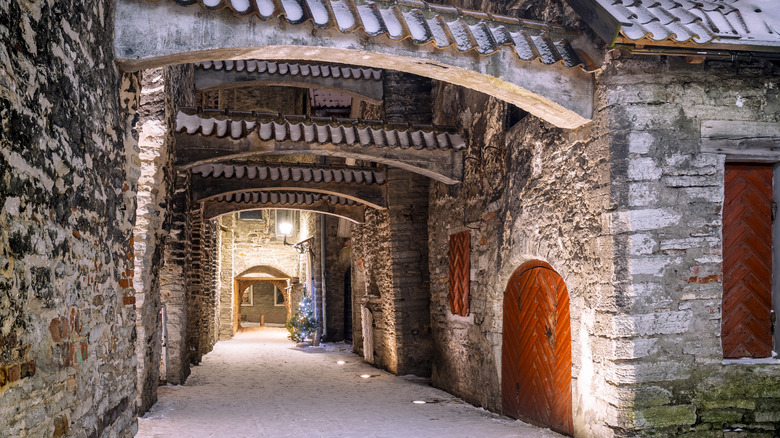 The snow-dusted St.Catherine's Passage in Tallinn, Estonia.