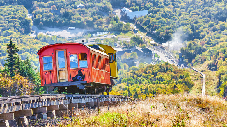 The Mount Washington Cog Railway heading down a steep decline