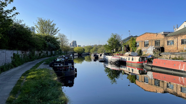 Canal with boats in Hackney Wick, London