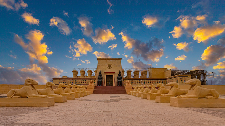 Outdoor temple film set at Atlas Studios in Morocco